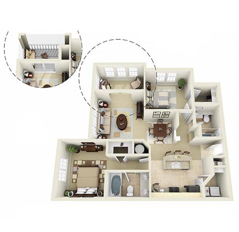 Floor plan for 2 beds, 2 baths, 1140 sqft
